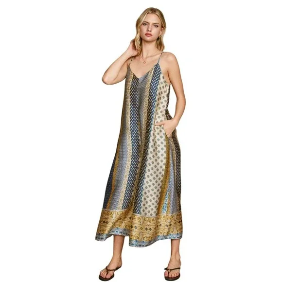 Boho Wide Leg Silky Satin Palazzo Jumpsuit M Multicolor Hippie Gypsy - Picture 3 of 16